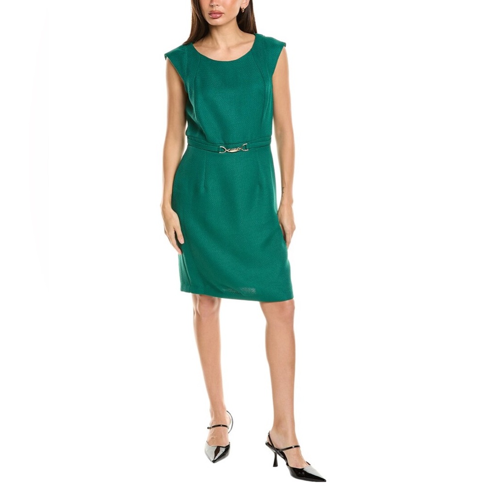 Tahari ASL Textured Sheath Boucle Dress Gold Buckle - Evergreen - Size 16 NWOT